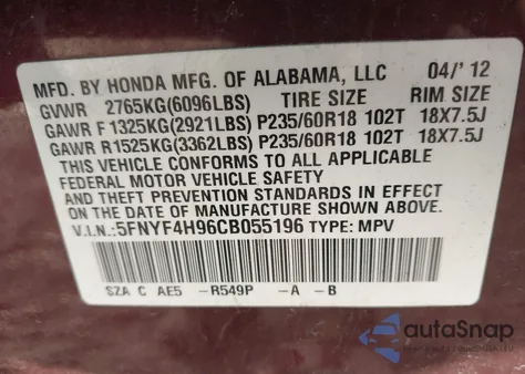 2012 Honda Pilot Touring z USA, uszkodzony, nr VIN 5FNYF4H96CB055196